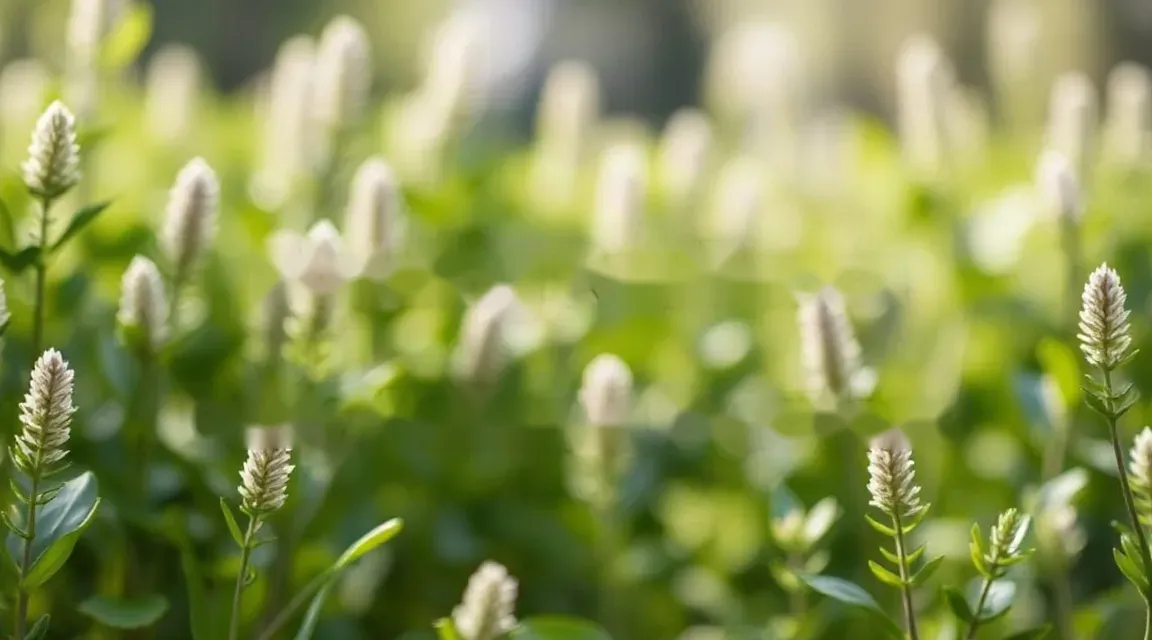 Soft-focus white flower spikes and green leaves in warm sunlight
