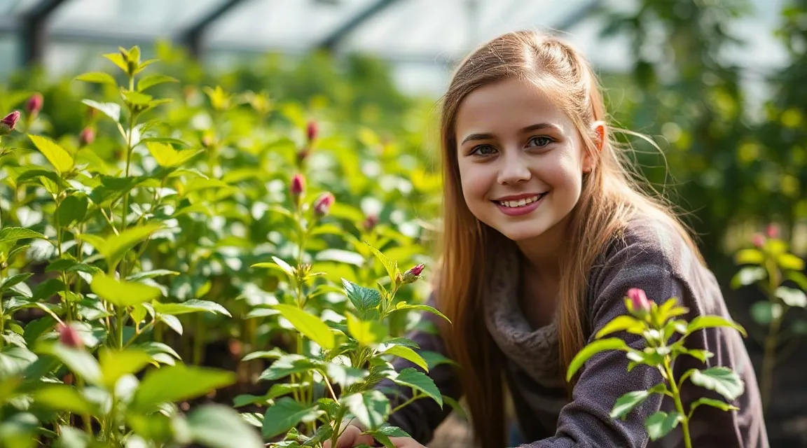 Smiling young person crouching among leafy plants in a greenhouse
