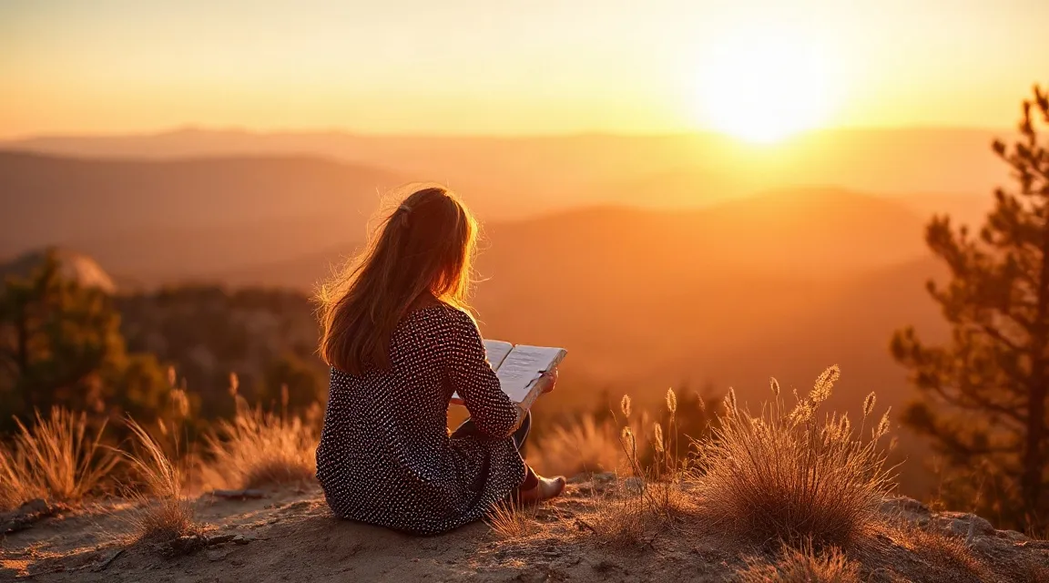 Person seated on a hilltop at sunset holding an open notebook, with mountains and pine trees around