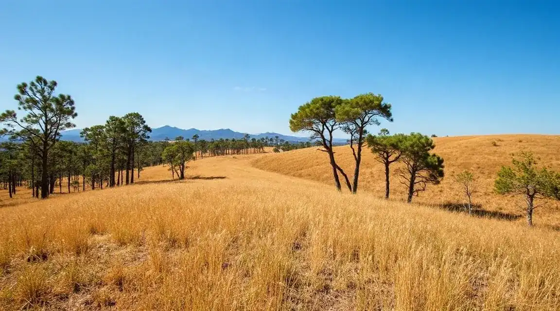 Open golden grassland with scattered pine trees under a blue sky
