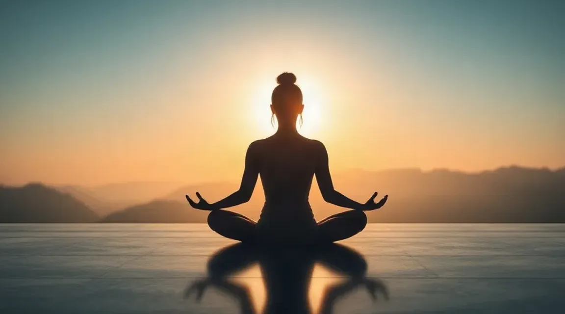 Silhouette of a person sitting cross-legged in a meditation pose in front of a rising sun and distant mountains