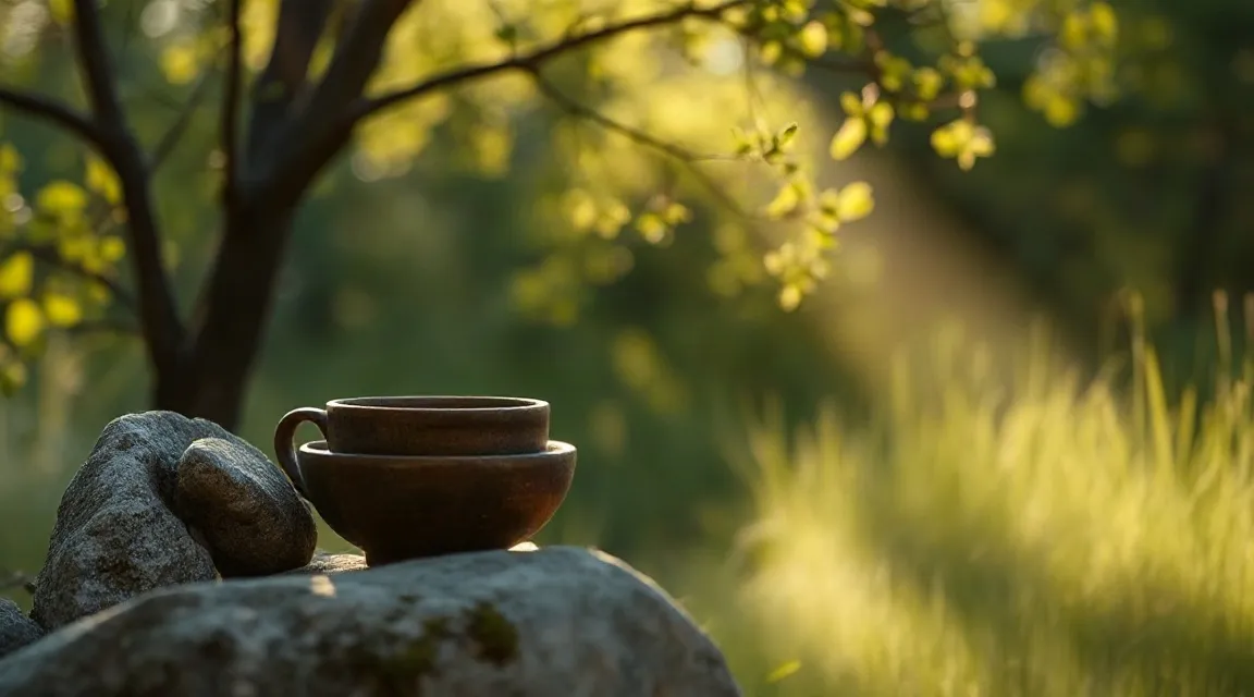 Ceramic cup resting on a mossy rock in soft morning light with tall grass behind it