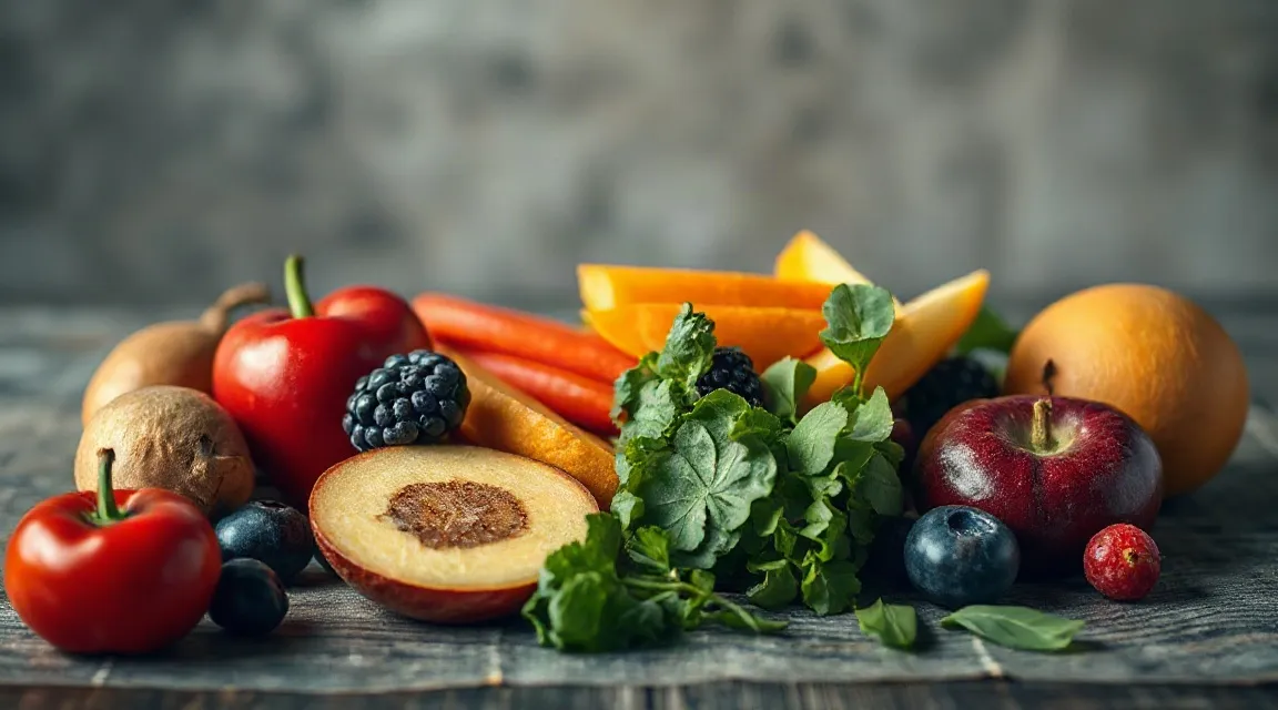 Tomatoes, peppers, berries, a halved peach and leafy greens arranged on a dark table