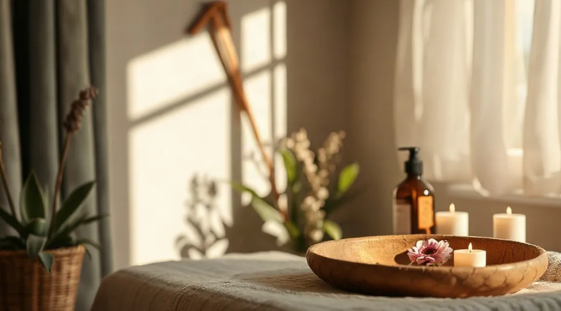 Wooden bowl with a flower, two candles and a small bottle on a table beside a sunlit window with plants