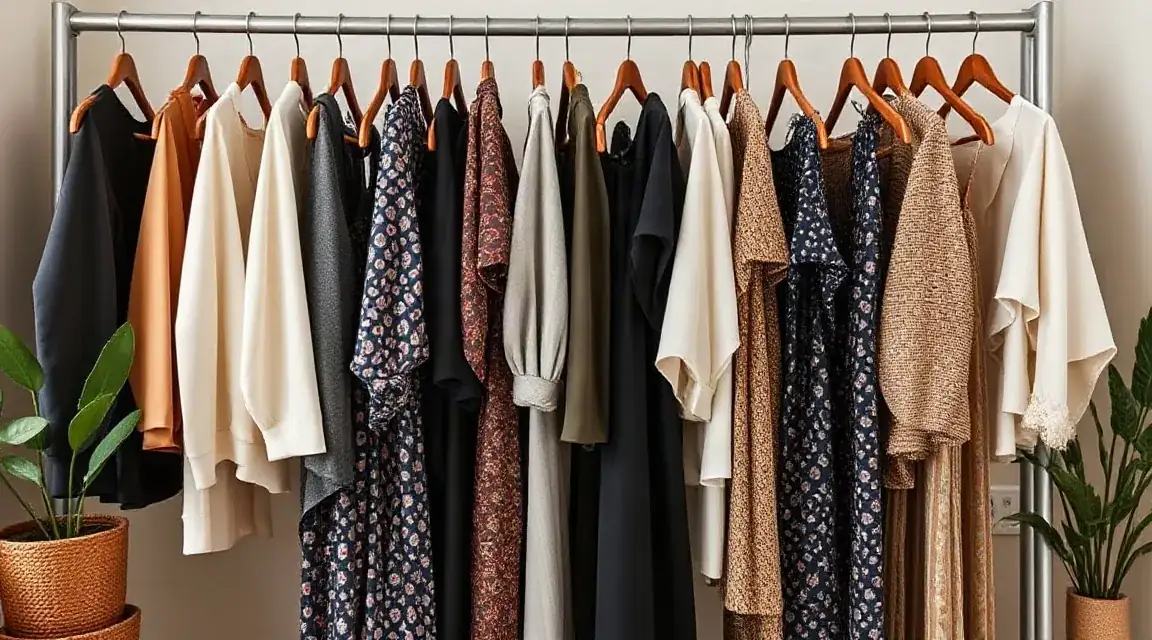 Clothes in neutral and patterned fabrics on wooden hangers along a rail, with a potted plant beside it