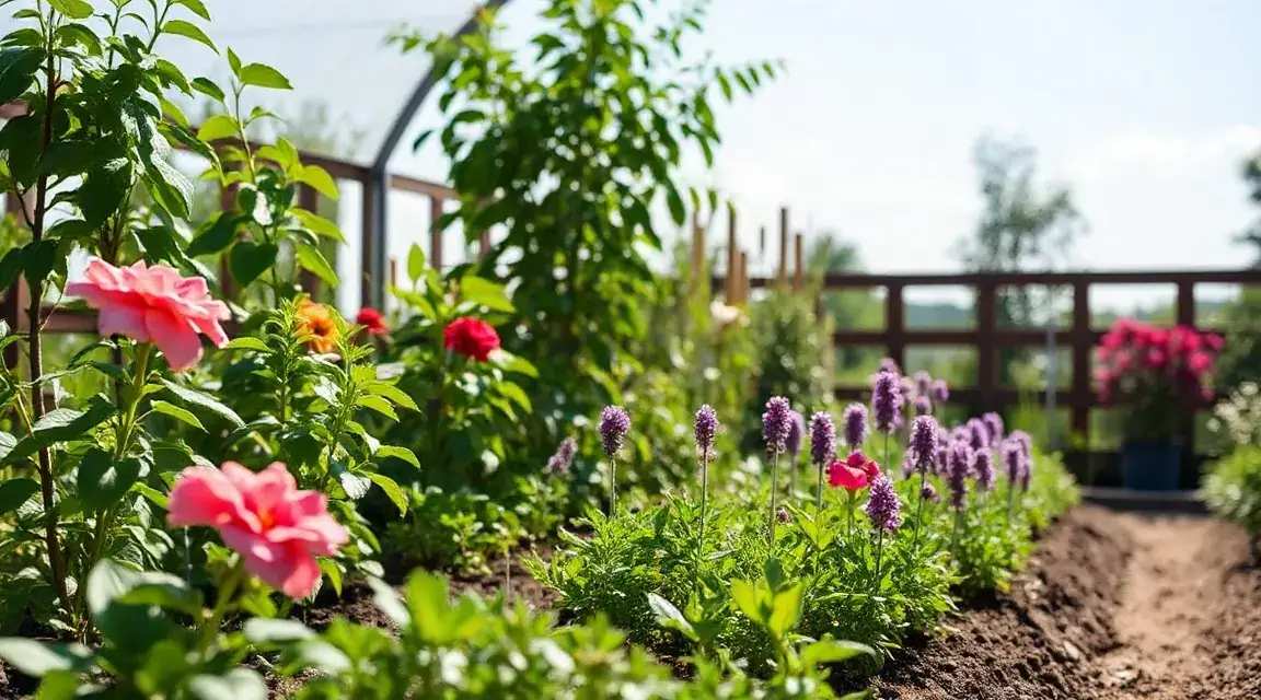 Garden path lined with pink roses and purple flowers, with a wooden fence and greenhouse frame behind