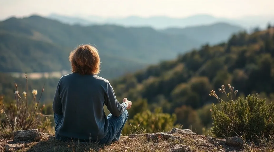 Person seen from behind sitting on a hillside facing forested mountains