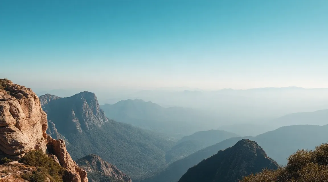 Rocky mountain ridges fading into haze under a clear blue sky