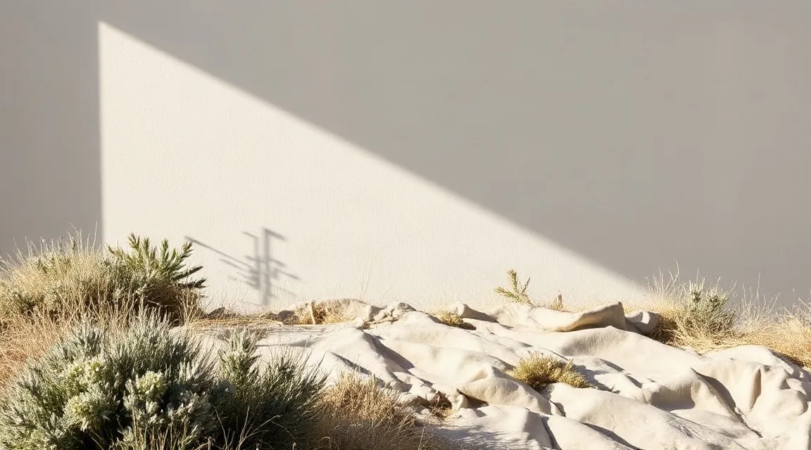 Sunlit cream wall with a diagonal shadow above dry grasses and a folded cloth
